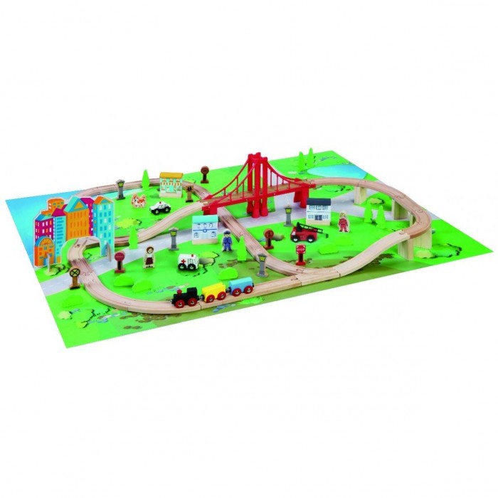 Set trenulet Oraselul de la malul Marii cu 80 piese din lemn cu Pod mare si circuit suspendat MAXIM Shore Side City